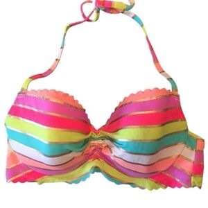 Victoria’s Secret Rainbow Stripe Bikini Top 34D Halter Underwire Scalloped